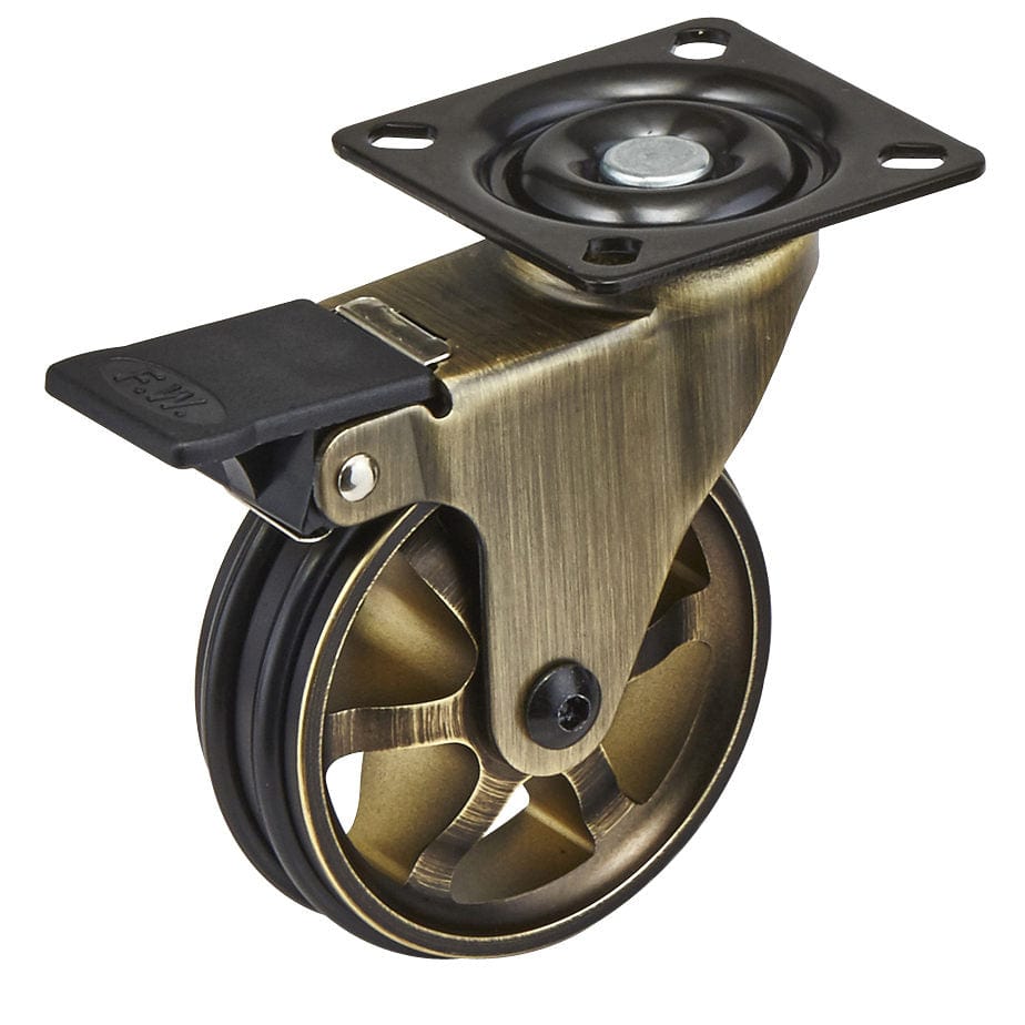3" D Aluminum Single Wheel Vintage Caster Swivel with Brake with Plate Rustic Brass alt 0