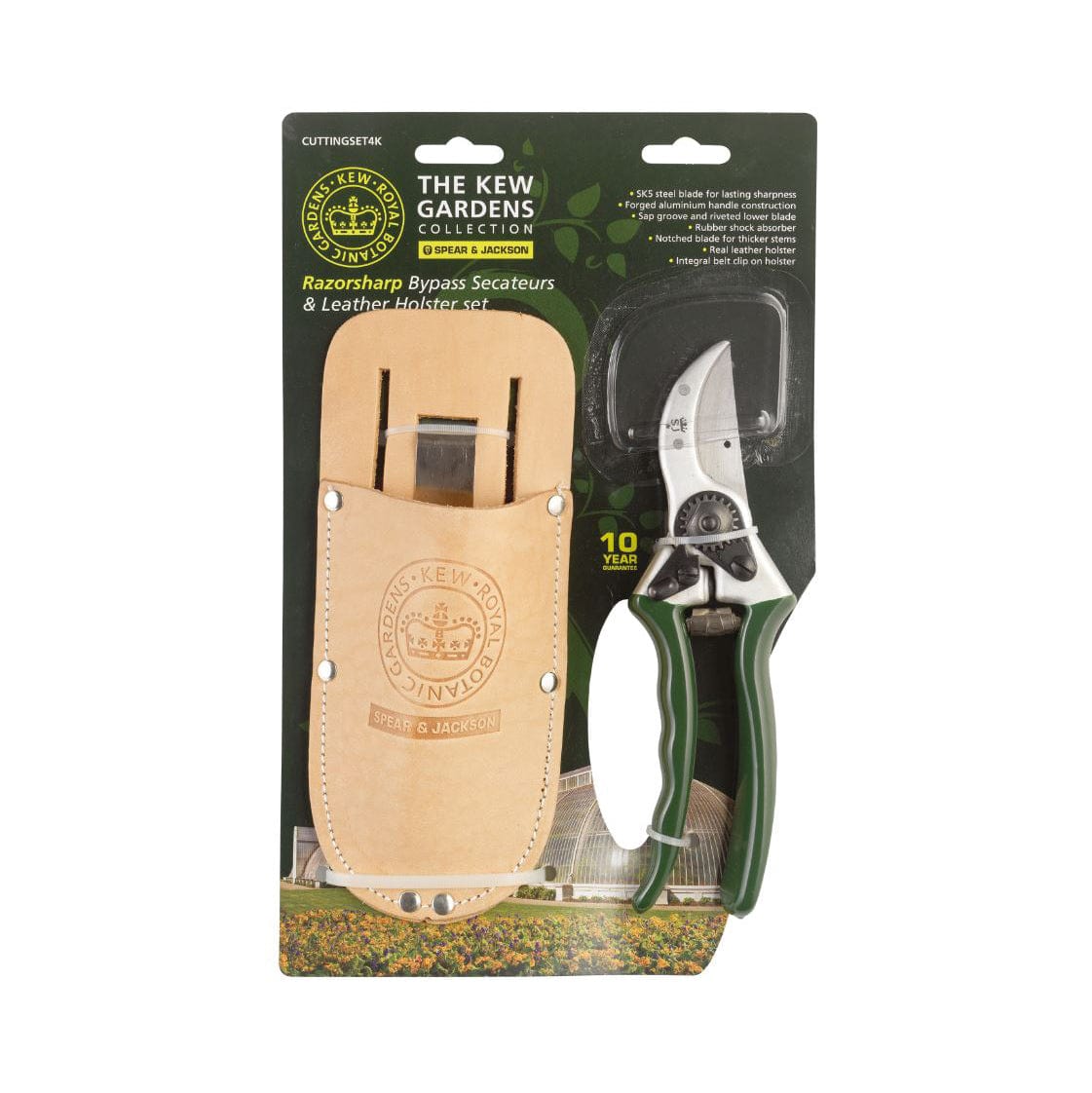 Kew Gardens Razorsharp Bypass Pruner and Leather Holster Set Green alt 0
