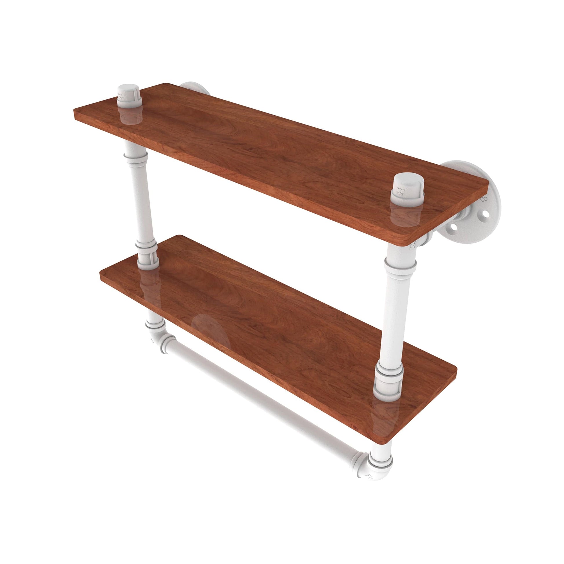  16" Double Ironwood Shelf with Towel Bar, Matt White Finish alt 0